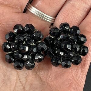 Vintage Cluster Clip On Earrings Black Silver Tone Beaded West Germany